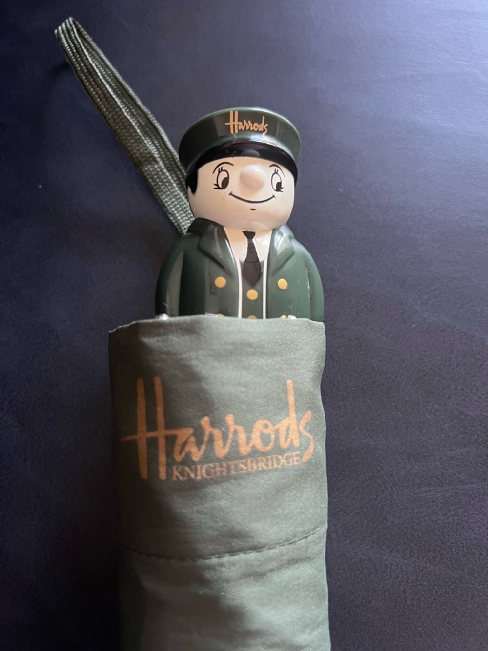 Harrods Green and Gold Doorman Handle Folding Umbrella